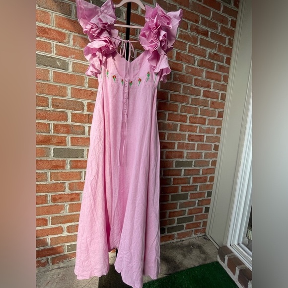 NWOT Fanm Mon Aster Pink Demre Linen Embroidered Maxi Dress Ruffle Sleeve SIZE S - Picture 4 of 9